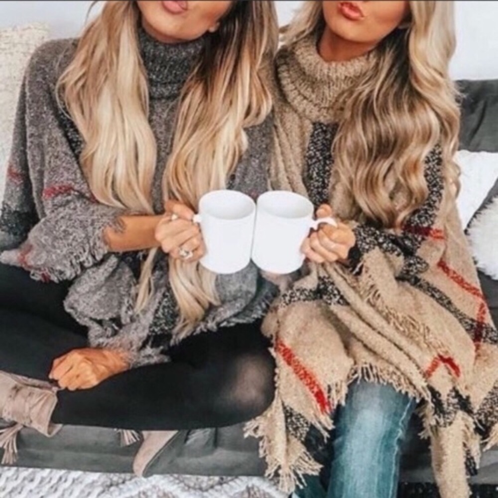 Heavyweight Gray Plaid Turtleneck Ponchos - Picture 3 of 4